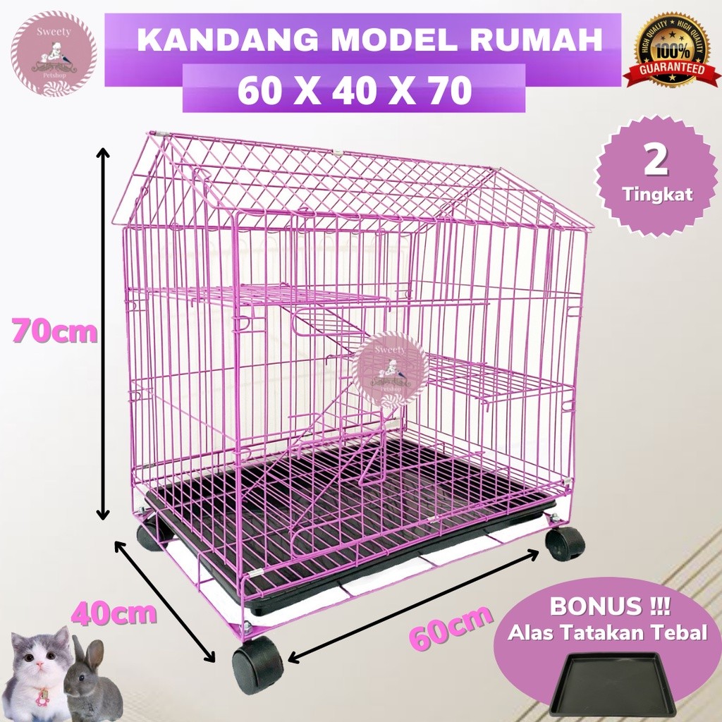 KANDANG KUCING UNIK 2 TINGKAT MODEL RUMAH 60X40X70 + RODA