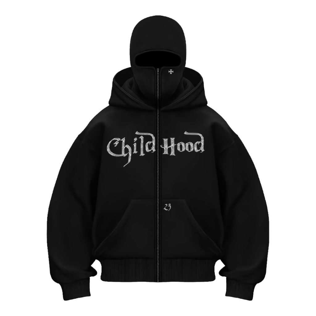 Childhood Hoodie Balaclava Boxy Zipper Oversize Magic Pria Wanita Hitam
