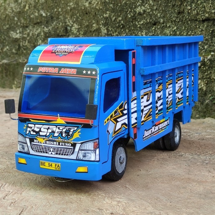 BEST[New Promo] Miniatur mobil truk oleng kayu mainan mobilan truck anak laki Real pic - Biru, stand