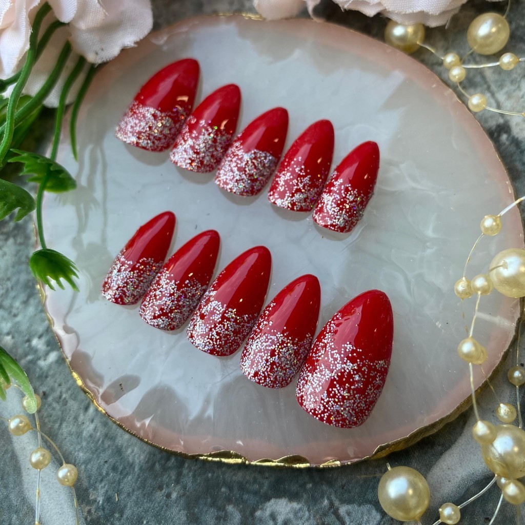 Kuku palsu fake nails merah glitter Vol A5