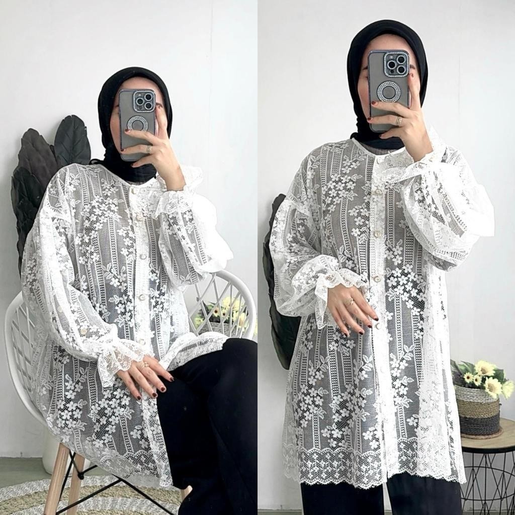 Kalla Broklat Brukat Atasan Wanita Renda Wisuda Kondangan Fiona Tunik Outer Silang Brukat Etnik Oute