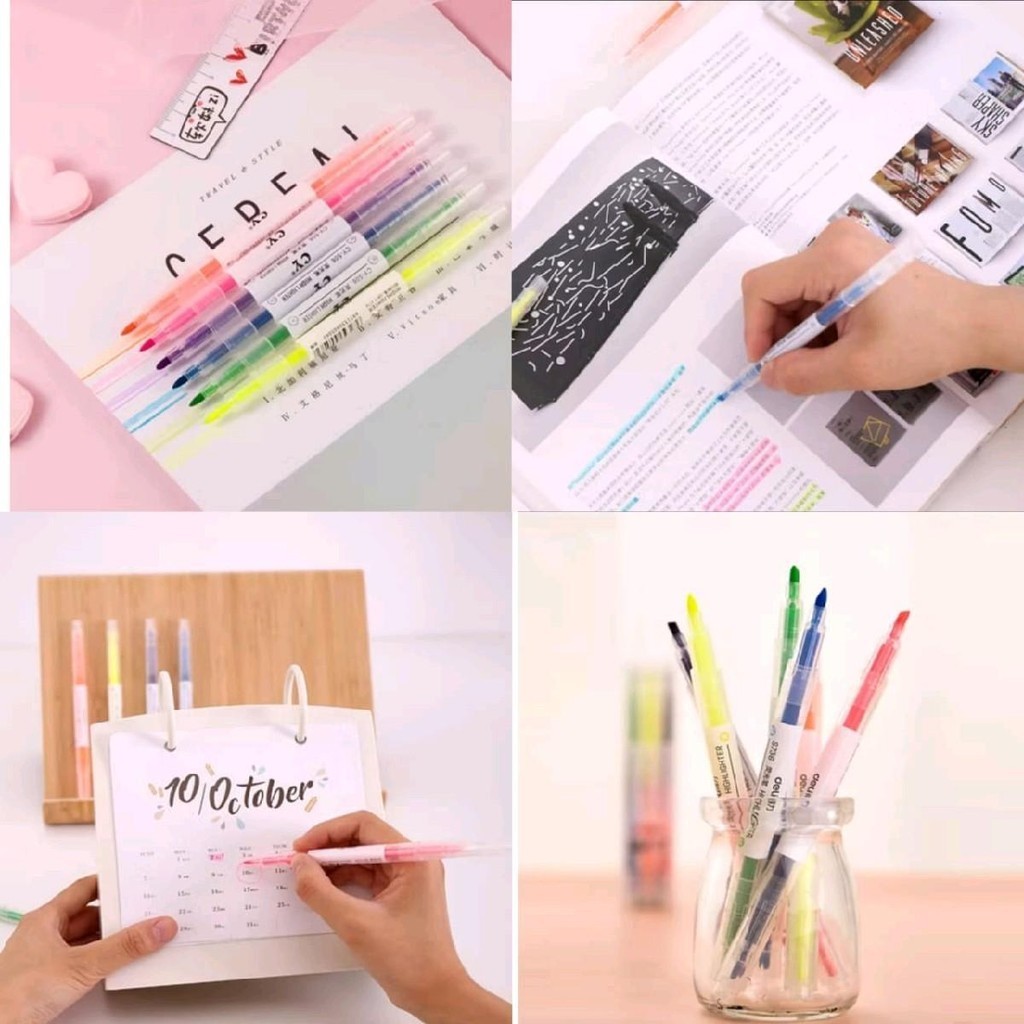 

(6pcs) stabilo 2 sisi warna warni set highlighter 2 sisi stationery unik penebal warna tulis