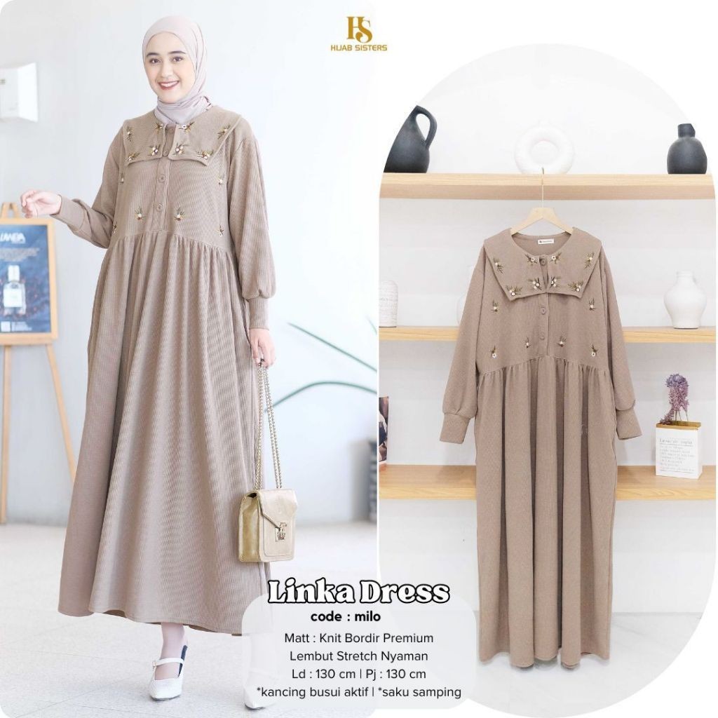 hijab sister's gamis wanita kekinian ld 130 linka dress motif bunga mat knit bordir premium