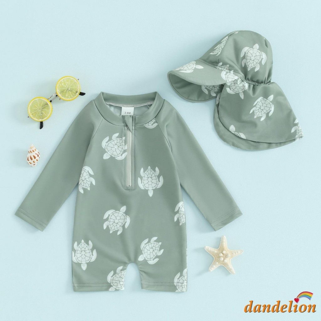 Baju Renang Anak Laki-laki Lengan Panjang Motif Kura-kura Pelindung Ruam Baju Renang Romper Pakaian 
