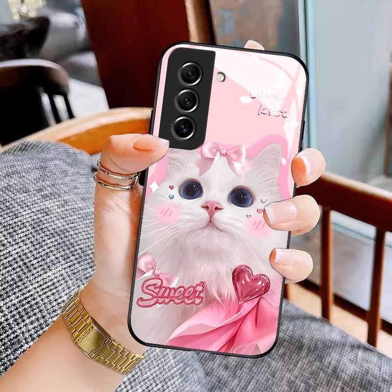Casing Hp For Samsung S21 FE 5G S21 5G S21 Plus S21 Ultra Glass Silicon Back Cute Cute Cat Casing Ha