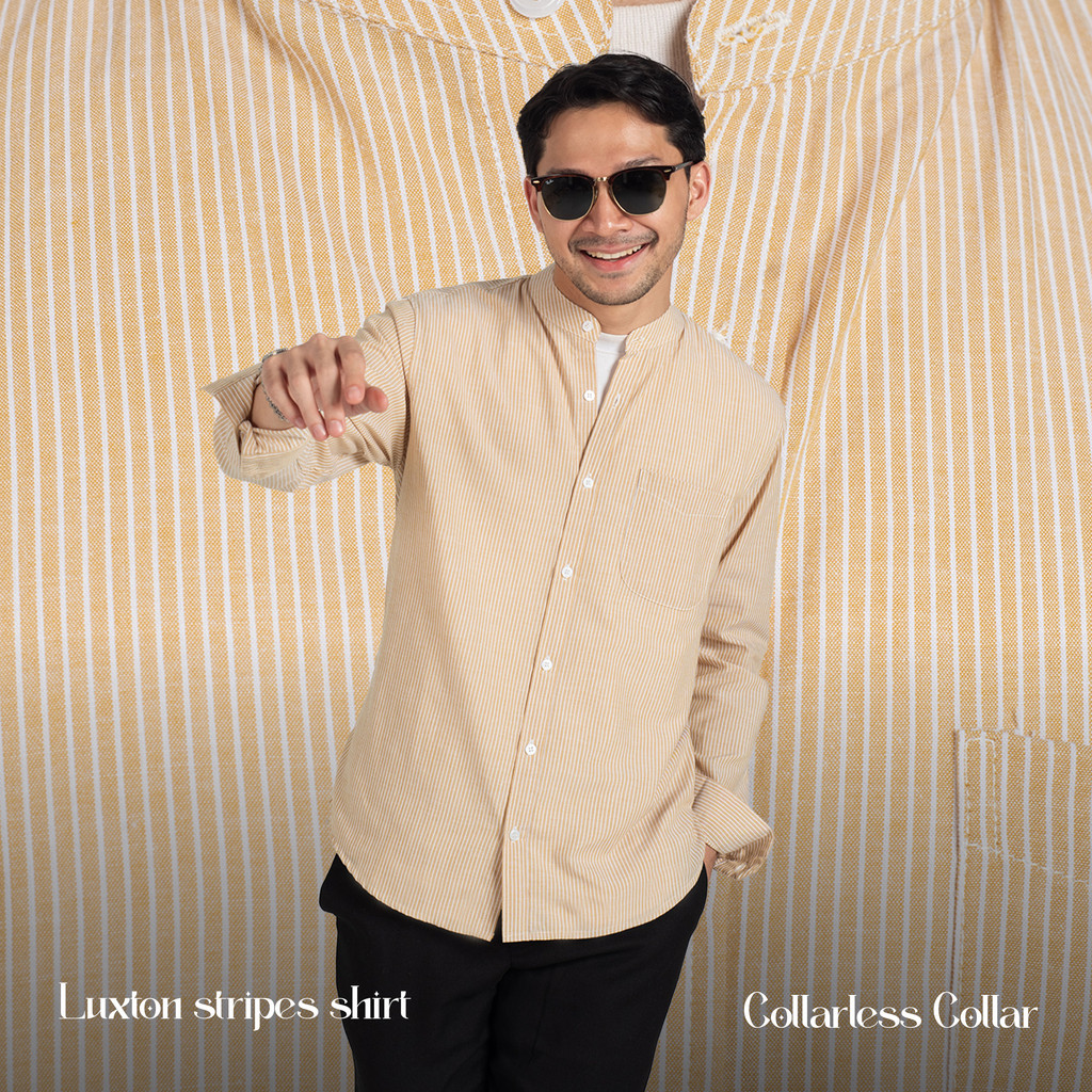 Kemeja Koko Garis Pria WOODCUTTER Collarless Luxton Stripes Kerah Shanghai - Mustard Yellow Panjang