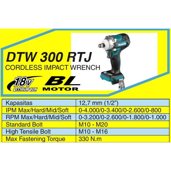 MAKITA DTW 300 RTJ CORDLESS IMPACT WRENCH 18V