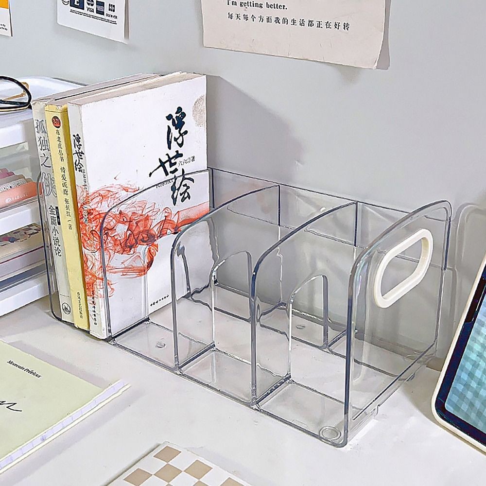 

Clear Acrylic Bookends Convenient Desk Organizer with Handle Desktop Sorting Rack Divided Book Stand Study Supplies