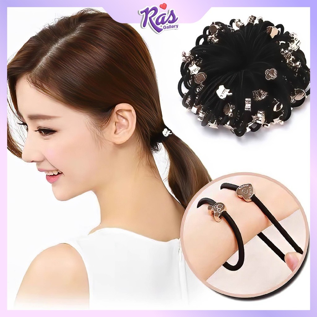 [10 Pcs] Ikat Rambut Hitam Wanita Polos Iket Rambut Karet Gelang Body Jewerly Kunciran Rambut Motif 