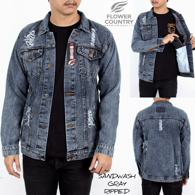EIGHTEEN Jaket Denim Gray Blue Snaw Black Ripped Original Flower Country