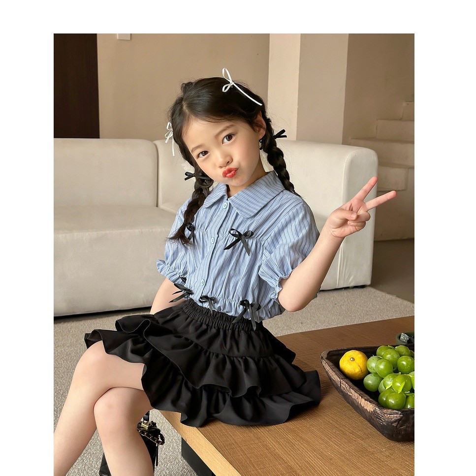 Style Terbaru One Set Jeans Anak Perempuan Baju kupu-kupu desain biru Kemeja bergaris + Gaun balet w