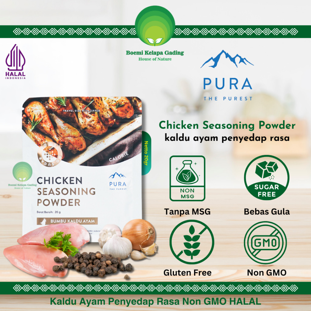 

Chicken Seasoning Powder Kaldu Ayam Asli Bumbu Penyedap Masakan 20 gram Non MSG TanpaGula Halal PURA