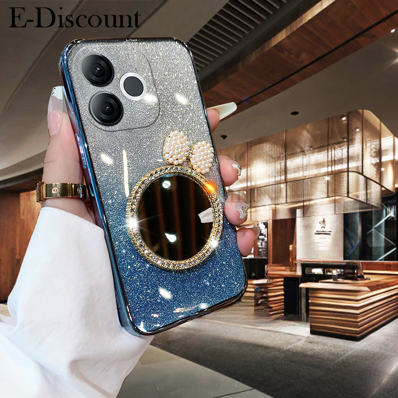 New Phone case itel A80 Back cover with Bow Makeup Mirror Luxury Shiny Gradient Clear Plating Glitte