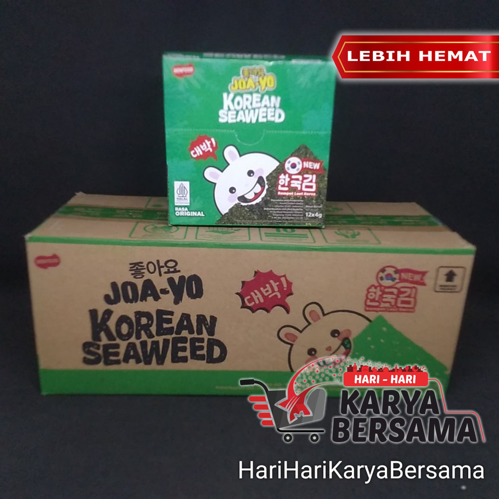 

MAKANAN RINGAN JOA-YO KOREAN SEAWEED RASA ORIGINAL PER-KARTON ISI 5 BOX X 4GR