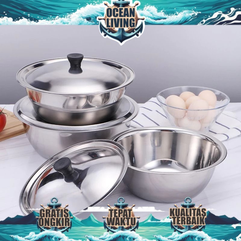 Mangkok Baskom Wadah Kobokan Stainless Dengan Tutup Waskom Enamel Bunga Tahan Karat Baskom Tutup - O