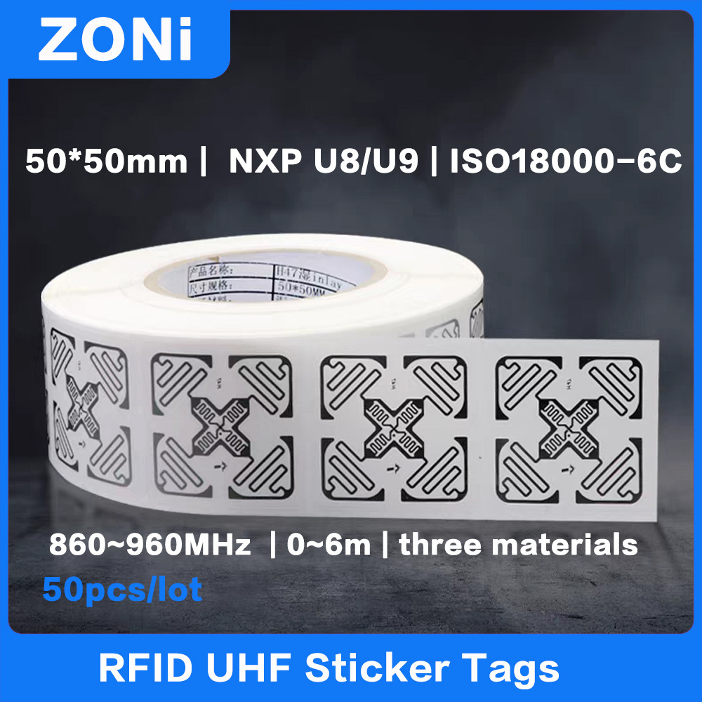 

50PCS RFID UHF Sticker Tag 18000-6C 860-960MHz NXP U8/U9 Chip Electronic label 50x50mm Wet Inlay 915 MHz High Quality
