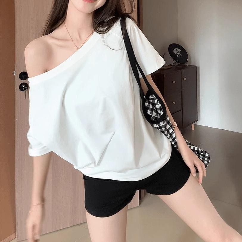 Kaos tanpa bahu putih polos / atasan satu kata bahu ootd wanita kekinian