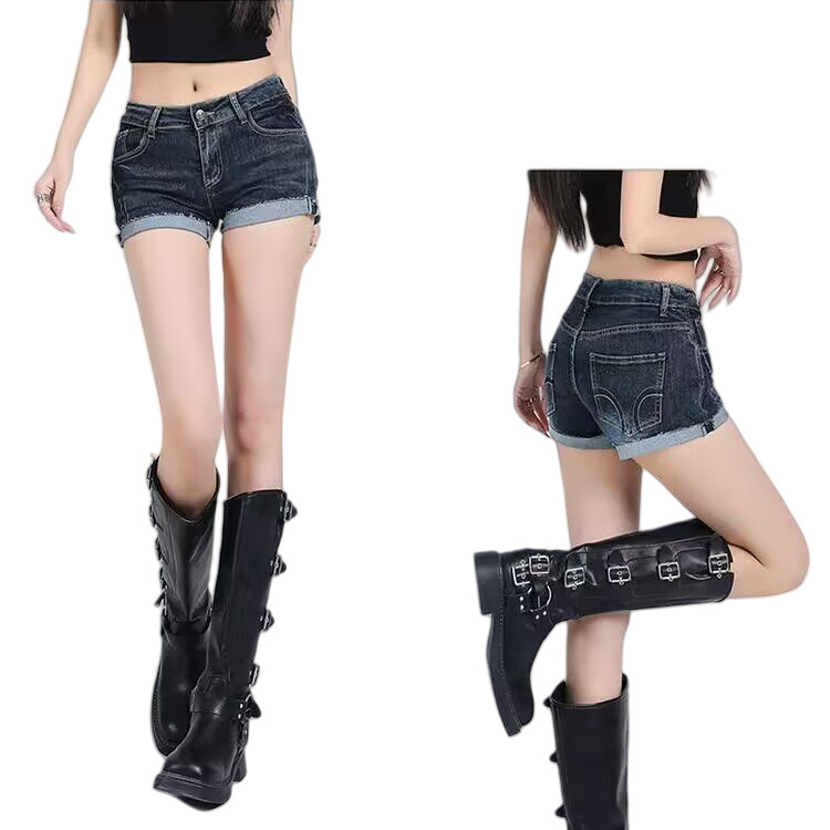 Celana pendek denim wanita celana pendek denim retro pinggang rendah celana pendek pinggul seksi