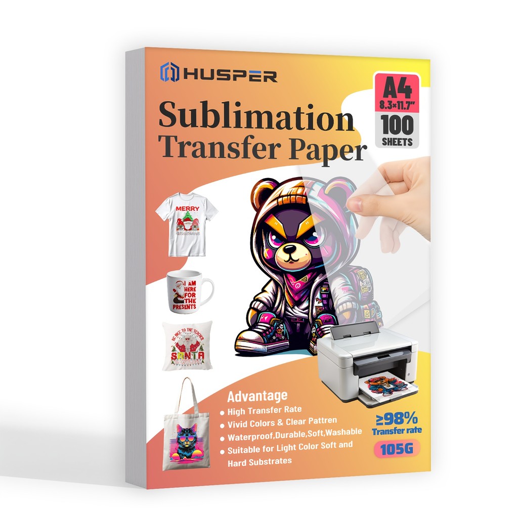

HUSPER A4 Sublimation Paper 100 Sheets 105g Compatible with Inkjet Printer Heat Transfer for T-shirts Mugs Personalized Projects