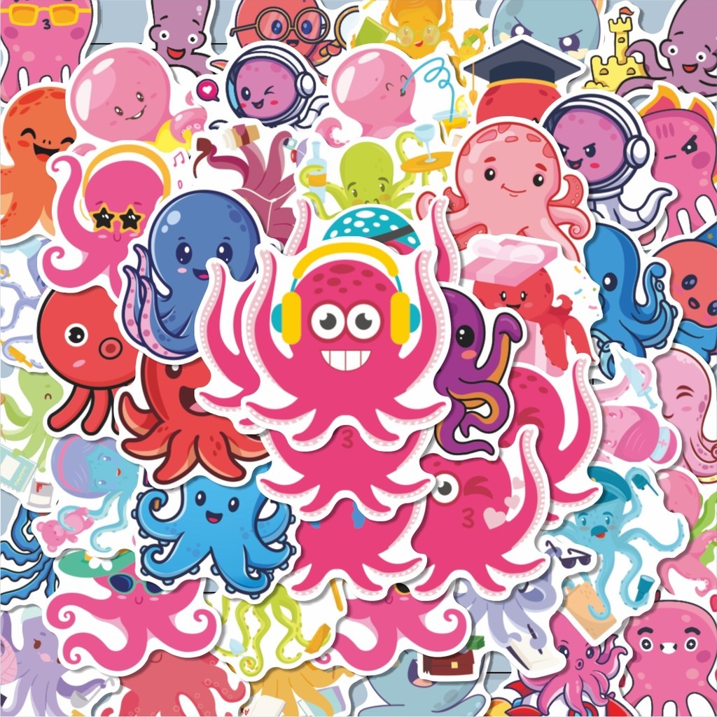 

100PCS Lucu Hewan Gurita Stiker Aesthetic Stiker Anti Air Stikers Berperekat Waterproof sticker decal buat Motor Helm Buku Journal Koper Casing HP Laptop Botol Minum Hadiah anak