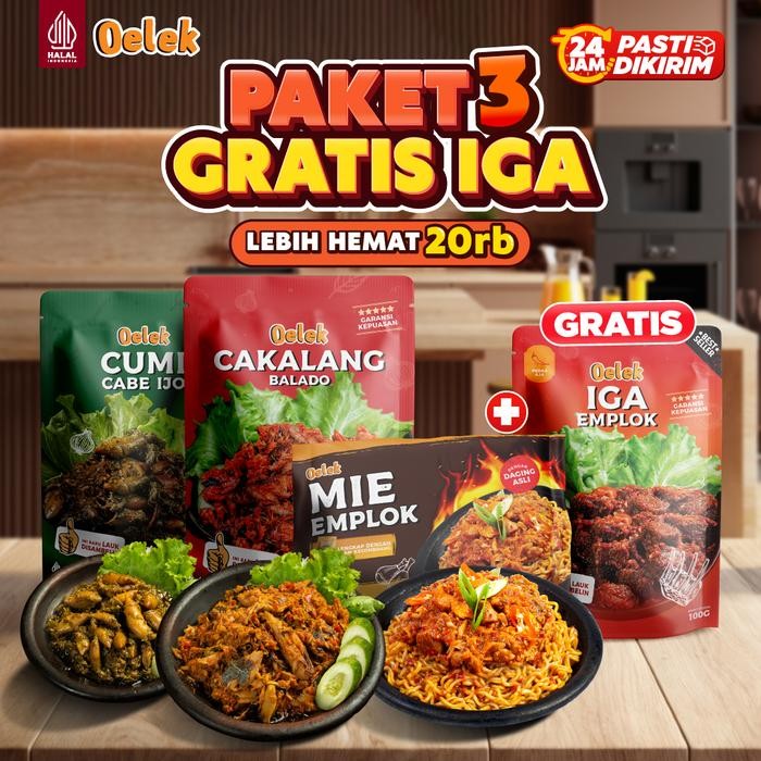 

[Beli 3 Gratis 1 Iga] Oelek Promo Spesial Gratis IGA 1 Pouch isi Lauk Cumi Cabe Ijo / Ceker Emplok + Cakalang Balado + Mie Emplok Ayam Kecombrang Pedas Nagih Mercon Gurih Lauk Di sambelin - Paket Ceker, Mie Kecombrang