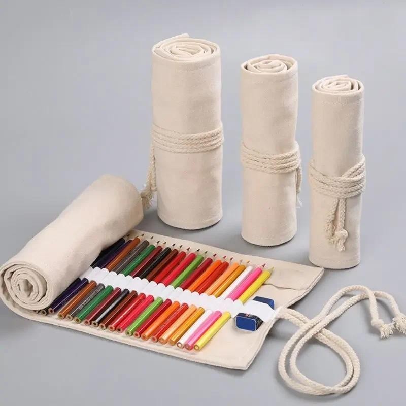 

12/24/36/48/72 Holes Simple White Canvas Roll Up Pen Curtain Case Pencil Bag Makeup Wrap Holder Storage Pouch School Supplies