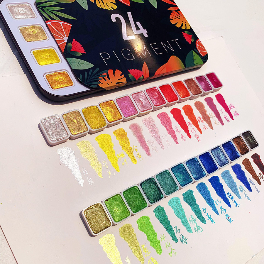 

24-color pearlescent watercolor paint set, solid palette for artistic blending and Japanese gradient effects