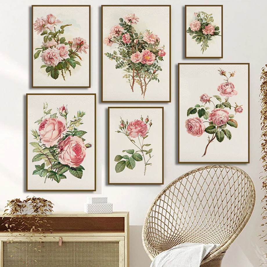 

Vintage Pink Roses Floral Poster Print Botanical Flowers Canvas Painting Wall Art Pictures for Cottage Living Room Home Decor
