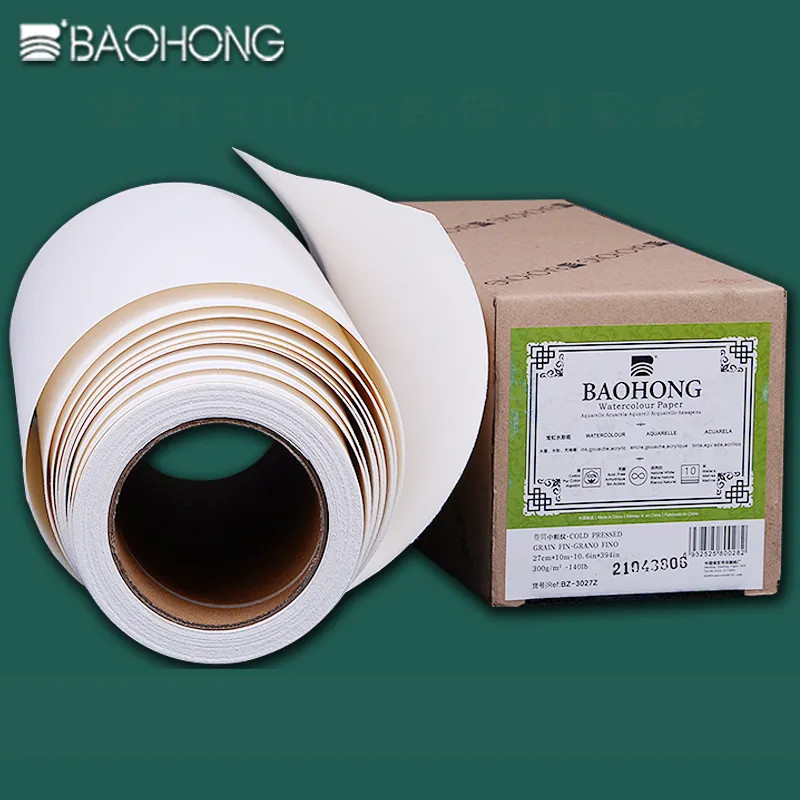 

BAOHONG Watercolor Paper Roll 300g Natural White 100% Cotton 10.6/14.6in*394in (27/37cm*10m) Professional Paper Cold Press Rough