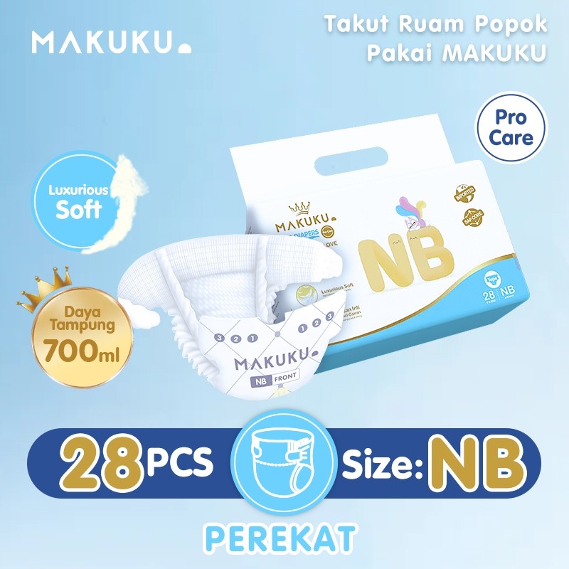 

[1 PACK] MAKUKU SAP DIAPERS PRO CARE TAPE NB28 / Popok Bayi Tipis Extra Dry Anti Gumpal Mengunci Cairan Cepat Kering Type Perekat / Popok Newborn