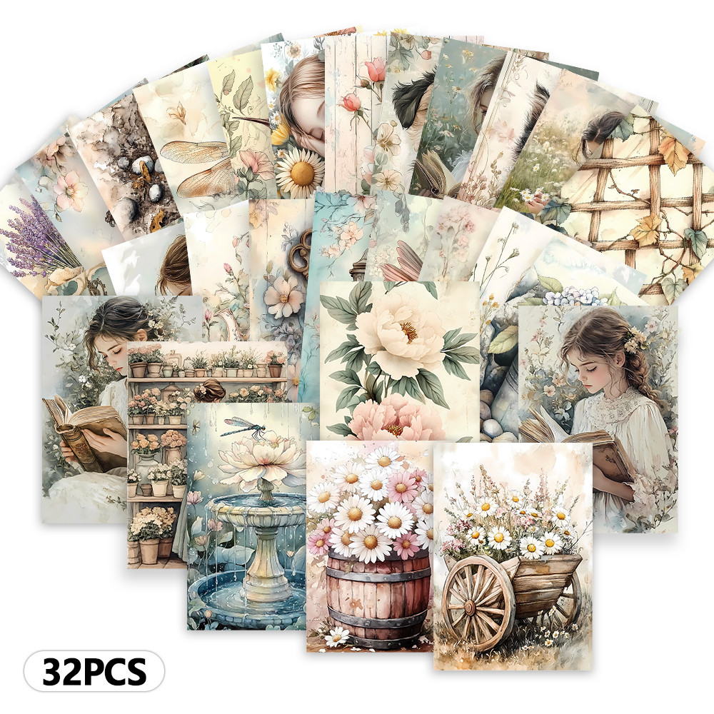 

32pcs, vintage healing floral postcards, room decor stickers, brochure materials, keepsakes, collectibles and mailing