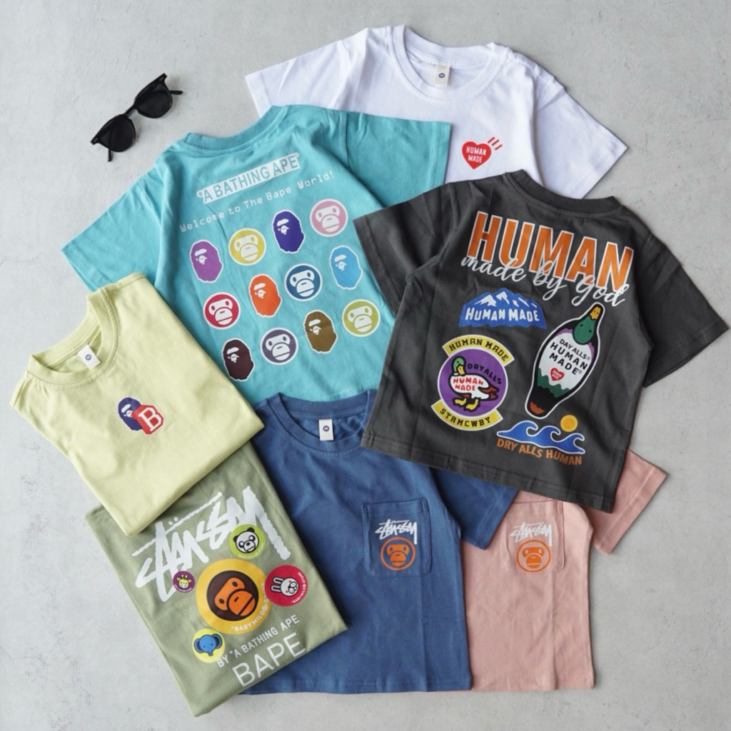 ARUMBINA Human Made, Stussy x Baby Milo & BAPE Kids Tee | size 2-7y | grey white blue pink green lim