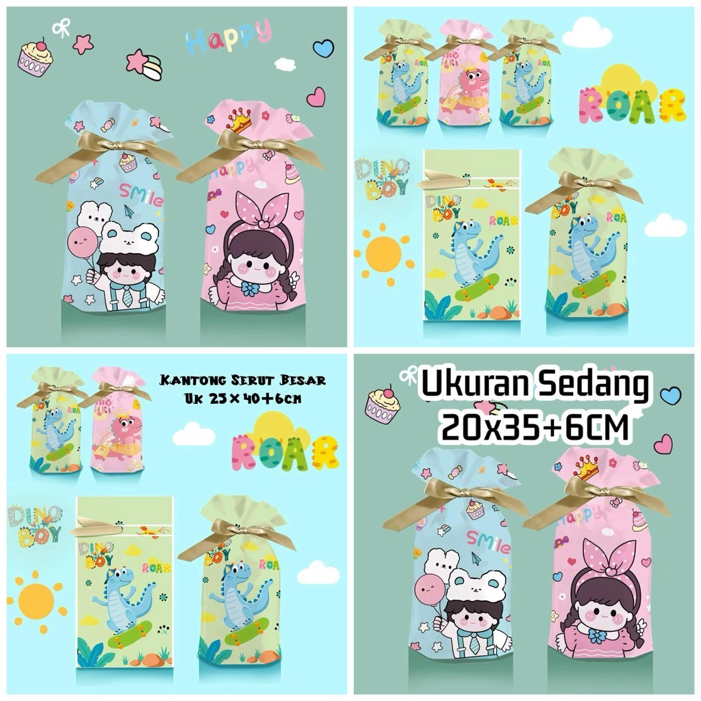 

(Yunita)10Pcs Kantong Plastik Serut Dino Dan Boy and Girl - Kantong Plastik Serut Karakter Totebag Snack Hadiah Goodie Bag