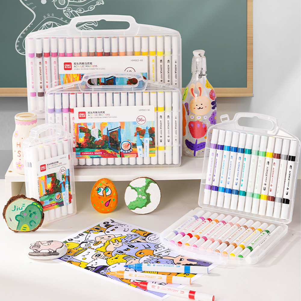 

Deli 12/24/36/48 Color Permanent Acrylic Markers Double Headed Acrylic Paint Pens Waterproof Art Painting Kids Christmas Gifts