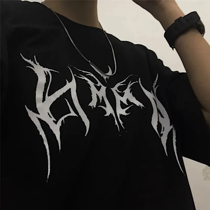 Kemeja Wanita Hip-Hop Longgar Punk Cetak Huruf Atasan Tee Hitam T-shirt Wanita Musim Panas T-shirt G