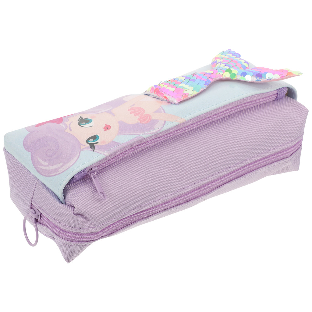 

Sequin Pencil Case Cute Mermaid Design Purple Double Layer Oxford Cloth Zipper Stationery Storage Pen Cases For Girls Slim Pouch