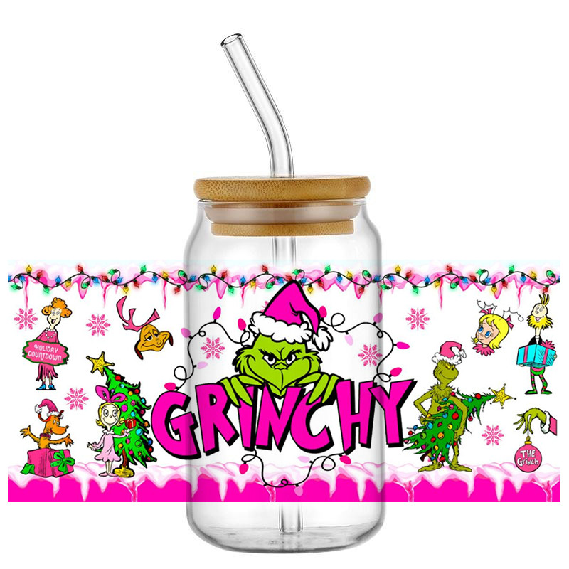 

Miniso 3D Pink Decal Washable UV DTF Cup Wrap for 16oz Libbey Glasses DIY Xmas Monster Pattern Mug Transfer Sticker