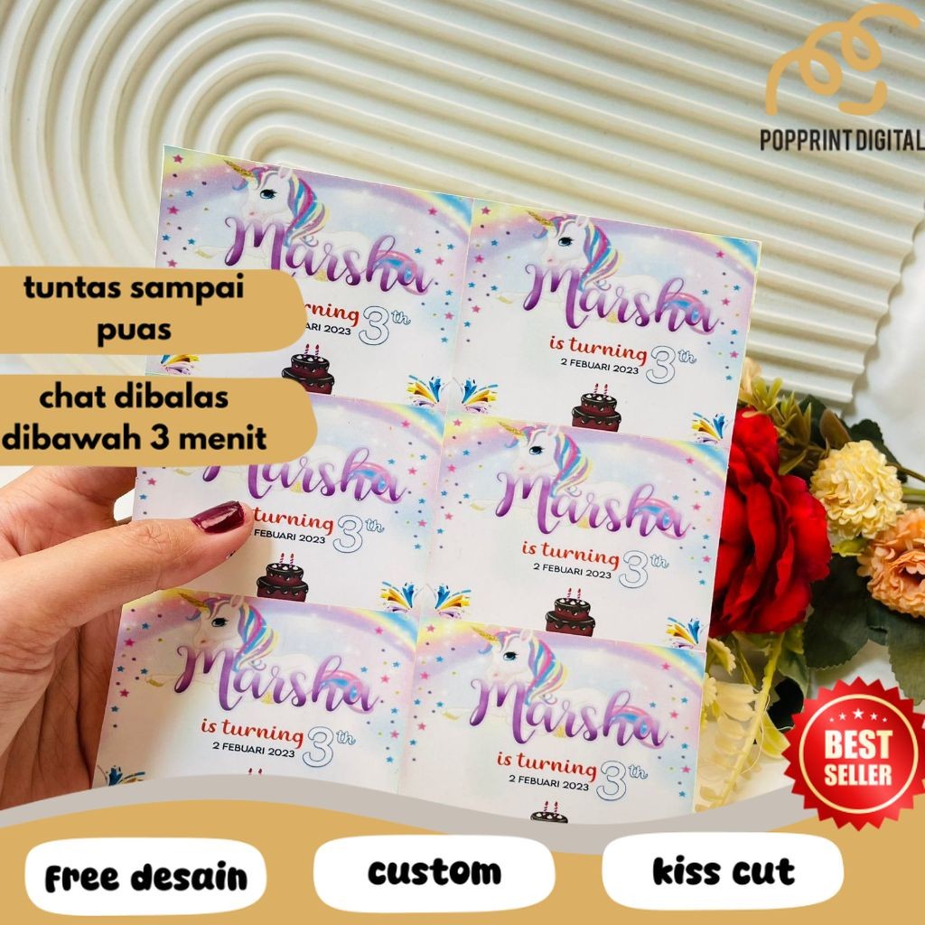 

PpD Print Sticker Ulang Tahun Anak Stiker Label Ultah Ulang Taun Bentuk Persegi Free Desain