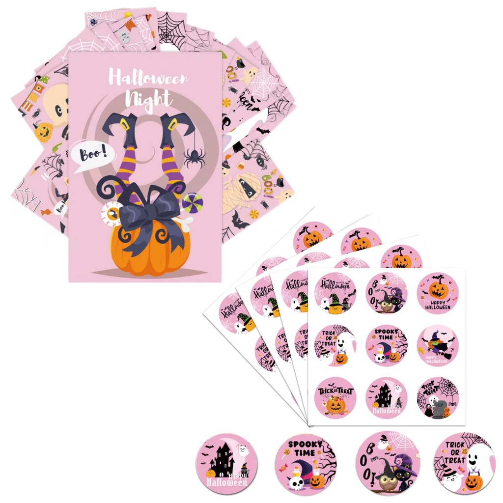 

114pcs Halloween Pink Cute Style Combo Set 24pcs Pink Paper Postcard Party Invitations and 90pcs Gift Stickers