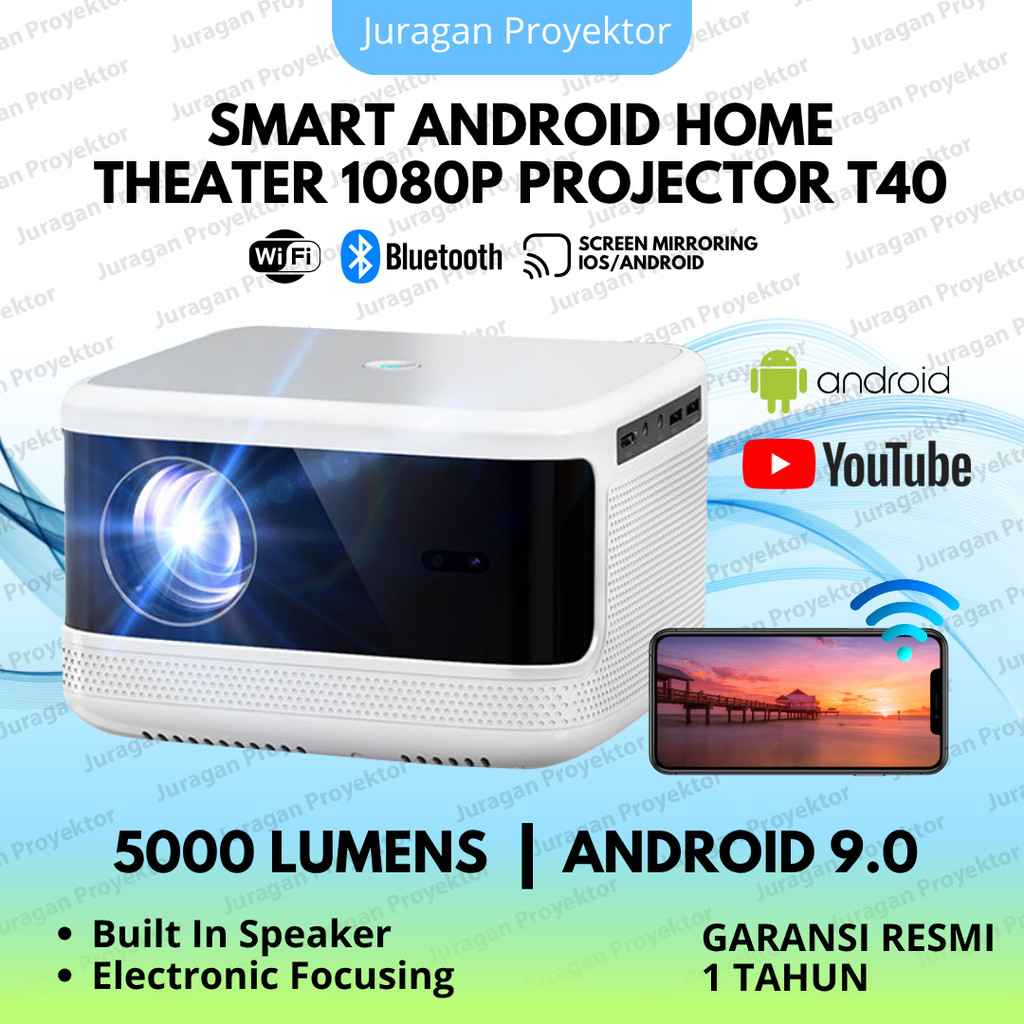 Proyektor T40 Android Wifi 5000 Lumens | Smart Proyektor Wifi Bluetooth | Proyektor 1080P Full HD | 