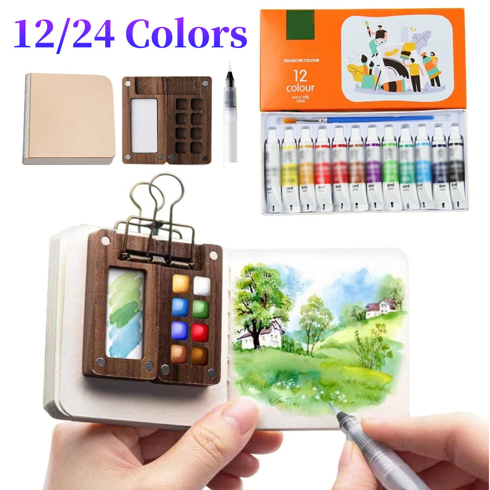 

12/24 Colors Watercolor Paint Box Set Mini Walnut Paint Box Artist Watercolor Paint Palette Students Sketchbook Art Supplies