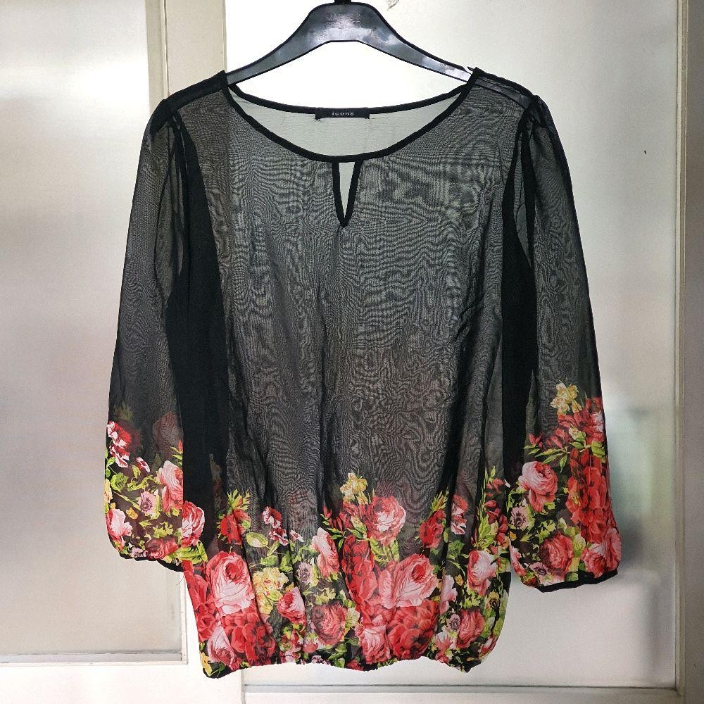 D baju wanita blouse blus luaran lengan 3/4 merek icons hitam motif bunga mawar preloved second