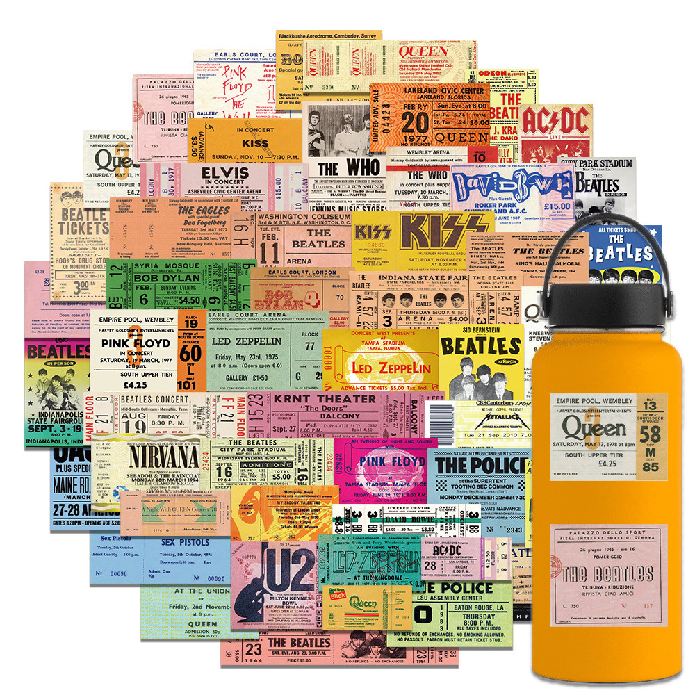 

55Pcs Retro Rock Band Tickets Graffiti Stickers Music Ticket Decal for Notebook Skateboard Guitar Classic Cool Sticker Toy