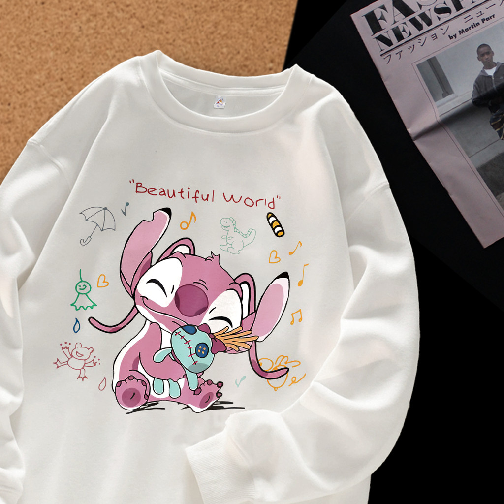 Korean Premium - Kaos Lengan Panjang Tangan Karet Motif Stitch Pink Baju Kaos Oversize Unisex Pria &