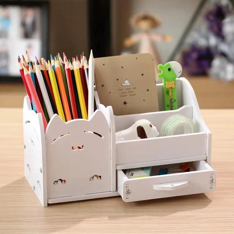 

Creative Wood Desk Office Organizer Storage Pen Holder Desktop Pencil Sundries Stationery Badge Box Cute Desk Accessories