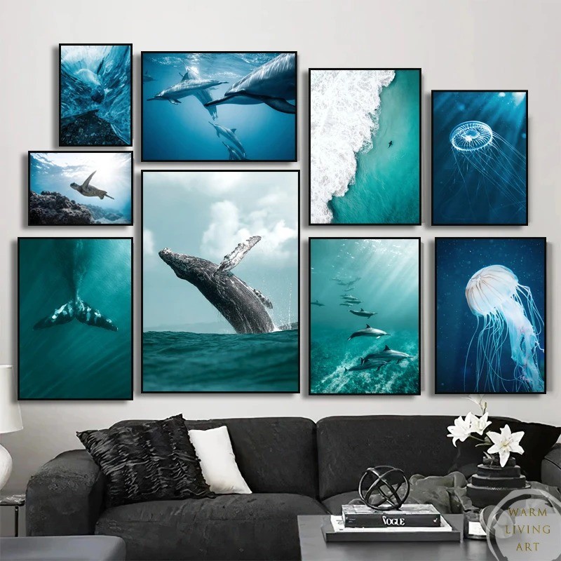 

Nature Marine Animals Whale Tailed Dolphin Wall Art Canvas Painting Wave Sea View Sea Turtle Poster Living Room Home Decoration