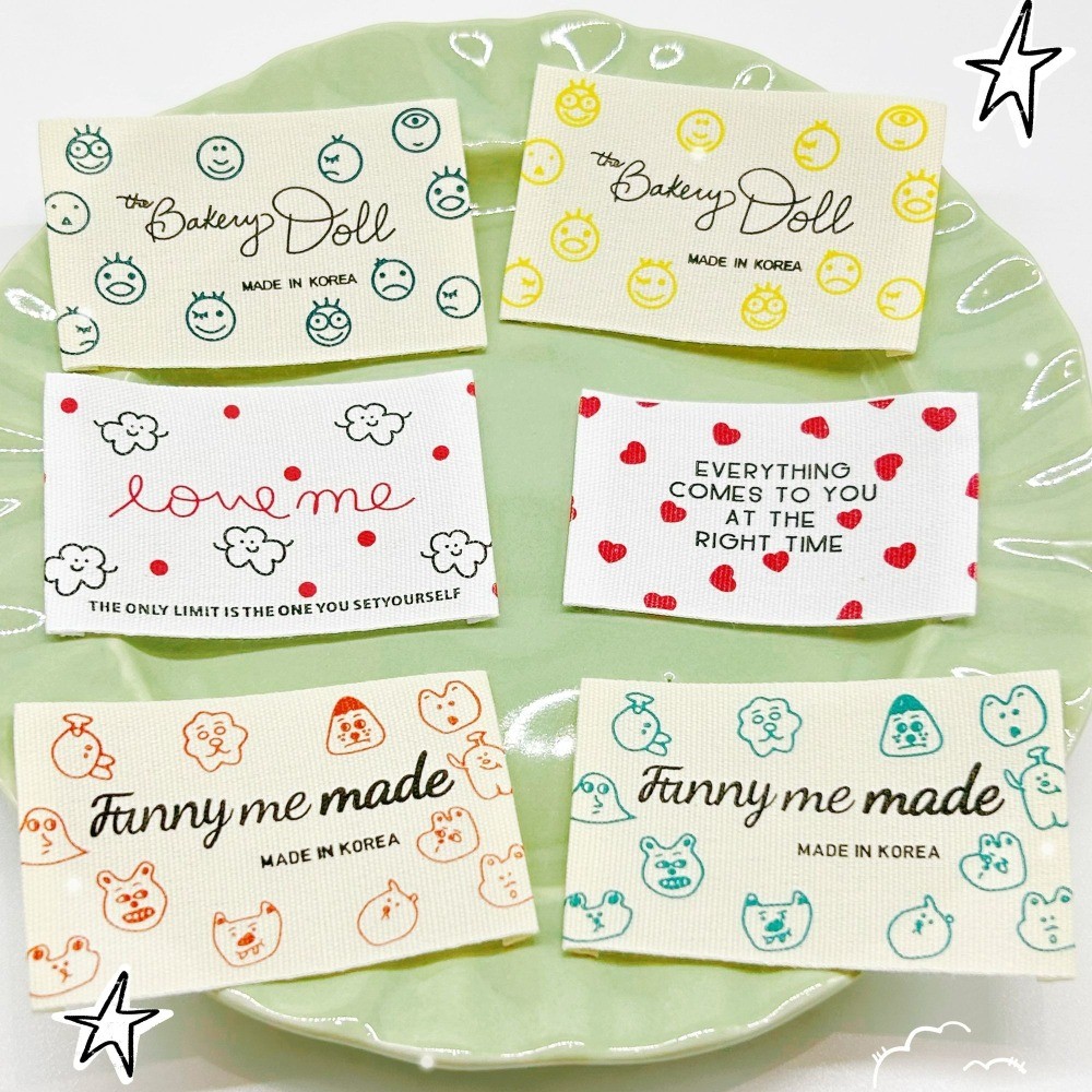 

Ready Stock 100% Cotton Woven Labels with Floral & Smiley Designs - Handmade Fabric Tags for Clothing, Bags, DIY Sewing Labels