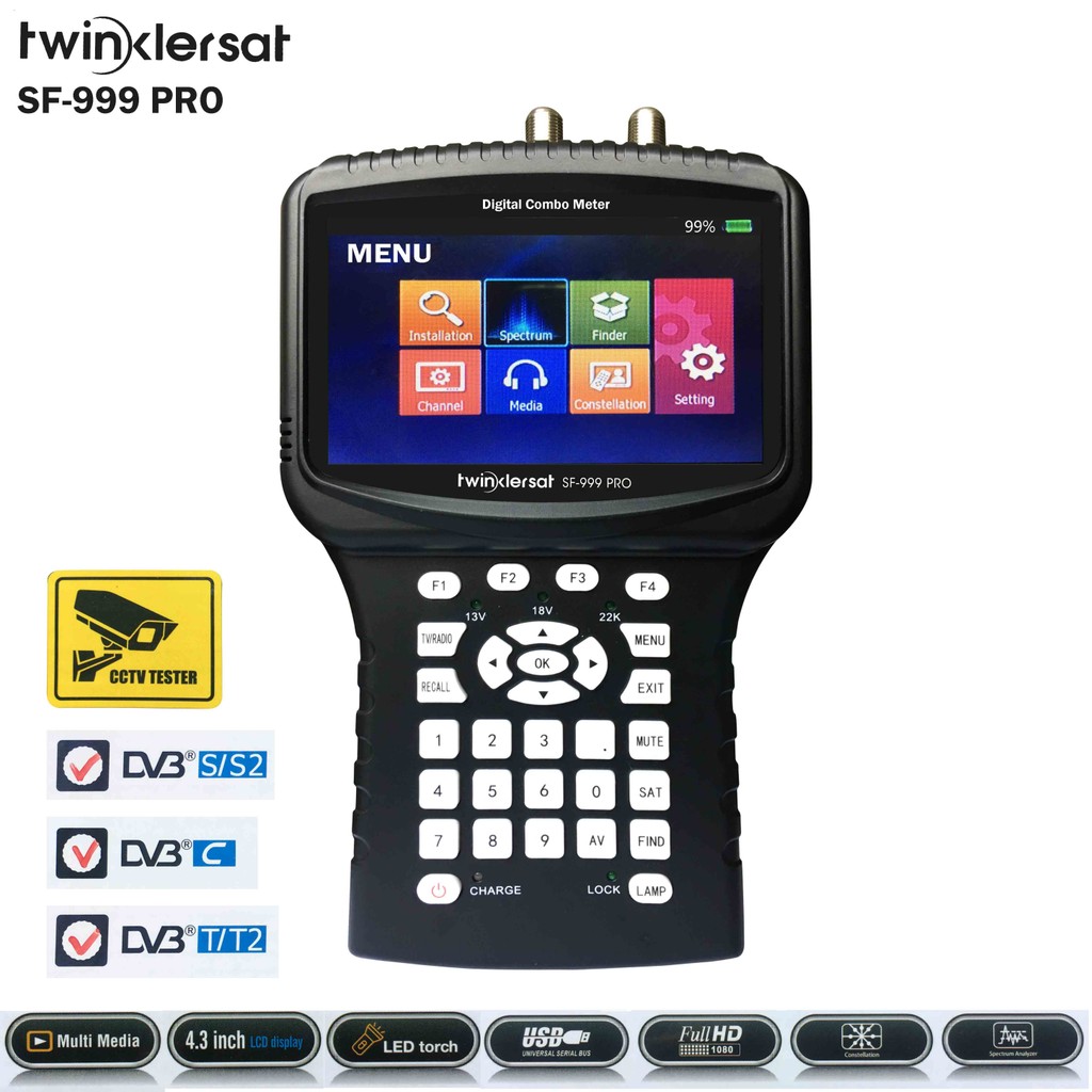 HD Combo Signal Meter Twinkler SF-999 Pro 4.3" Screen CCTV Camera DVB S2 DVB T2 DVB C Spectrum USB W