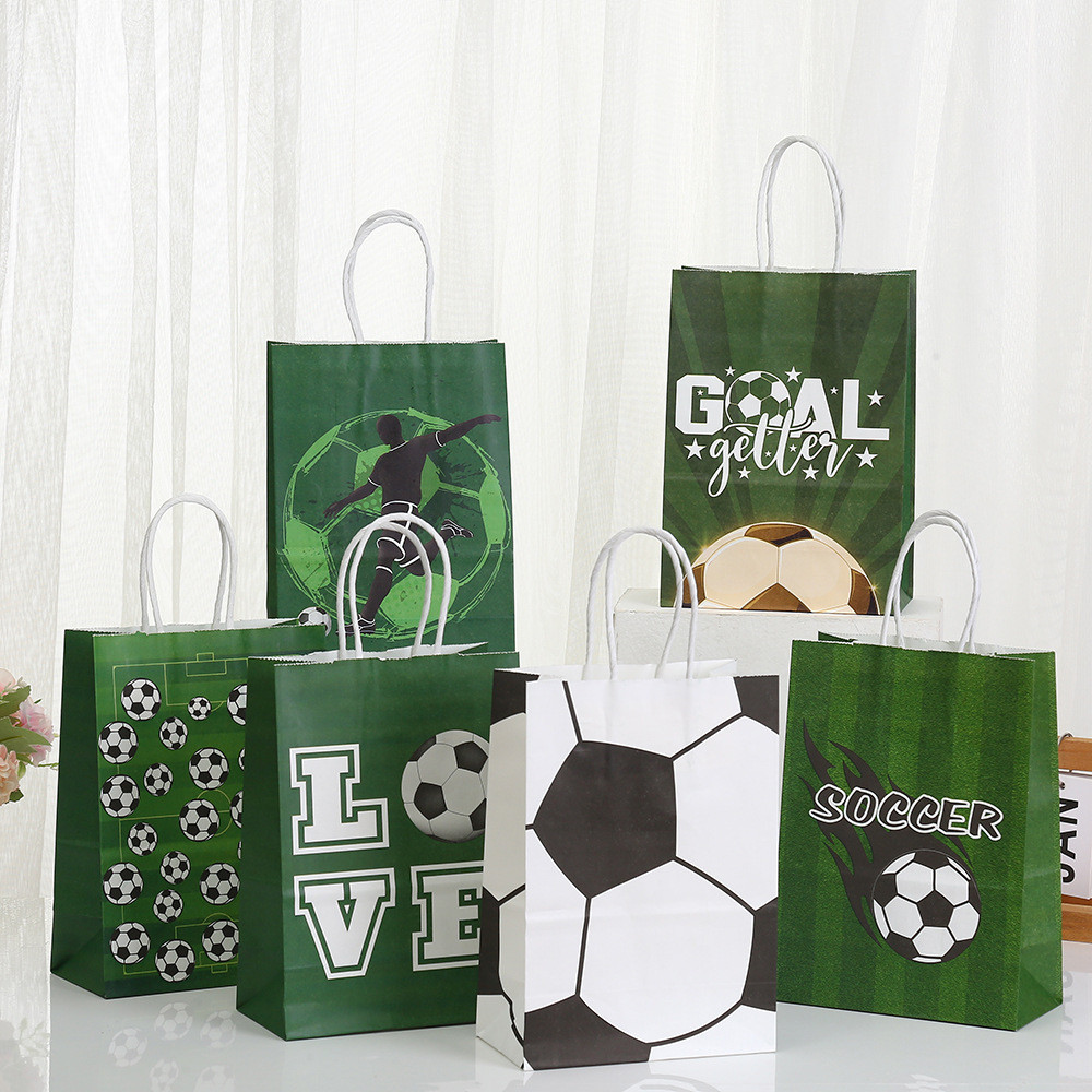 

6Pcs Sports Football Theme Kraft Paper Gift Packaging Bag Soccer Candy Bag Tote Treat Bag for Birthday Baby Shower Party Decor