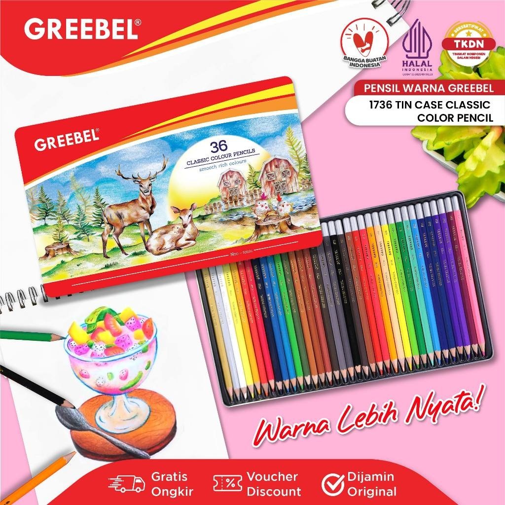 

GREEBEL Pensil Warna 36 Warna / Classic Color Tin Case 36 Warna (1736) Colored Pencil / / Warna Lebih Nyata